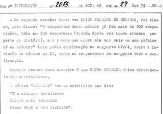 Regime militar espionou Chico Buarque em Campo Grande em 1974 Regime militar espionou Chico Buarque em Campo Grande em 1974