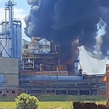 Incêndio de grandes proporções atinge usina e fumaça densa é vista de longe