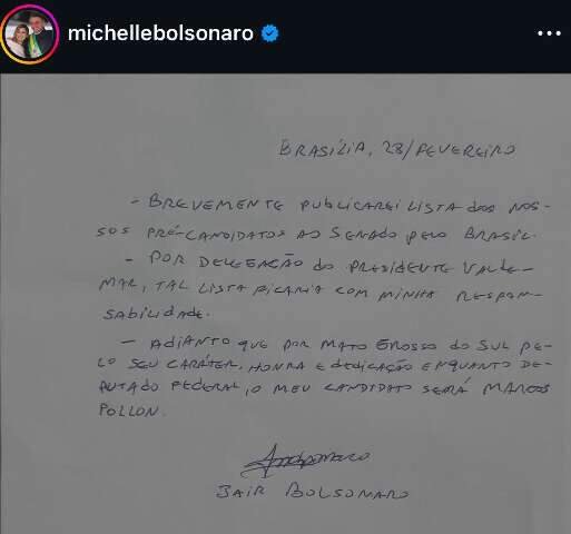 Por carta, Bolsonaro divulga apoio a Pollon para o Senado