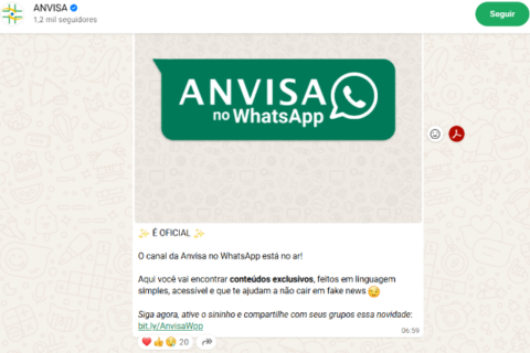 Anvisa lança canal oficial no WhatsApp para combater desinformação