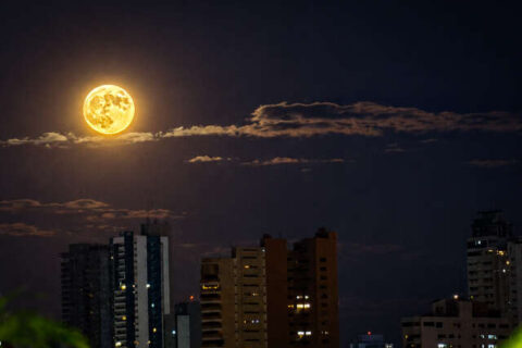Lua cheia surge alaranjada no céu de Campo Grande; veja imagens