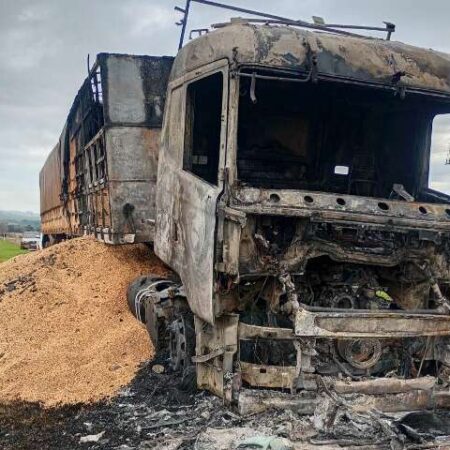 Carreta com soja fica destruída após incêndio e motorista sai ileso